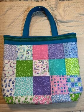 Quilted Patchwork Tote Bag in Blue, Green & Pink